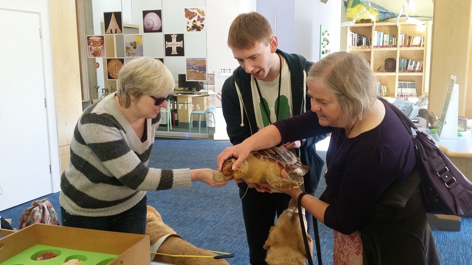 Photograph of Audio Description Tour Training Session, showing a museum staff member and participants touching a stuffed turtle