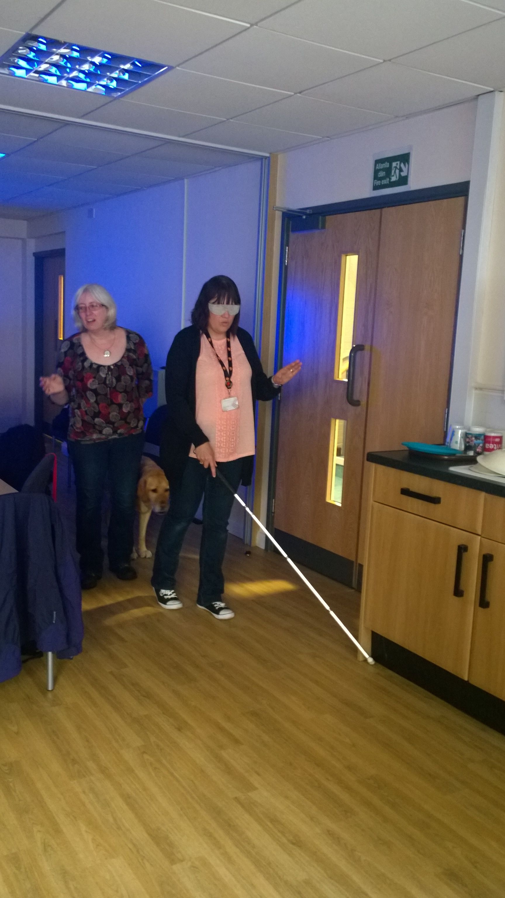 A female member of Museum staff, blindfolded and using a cane to walk around the office