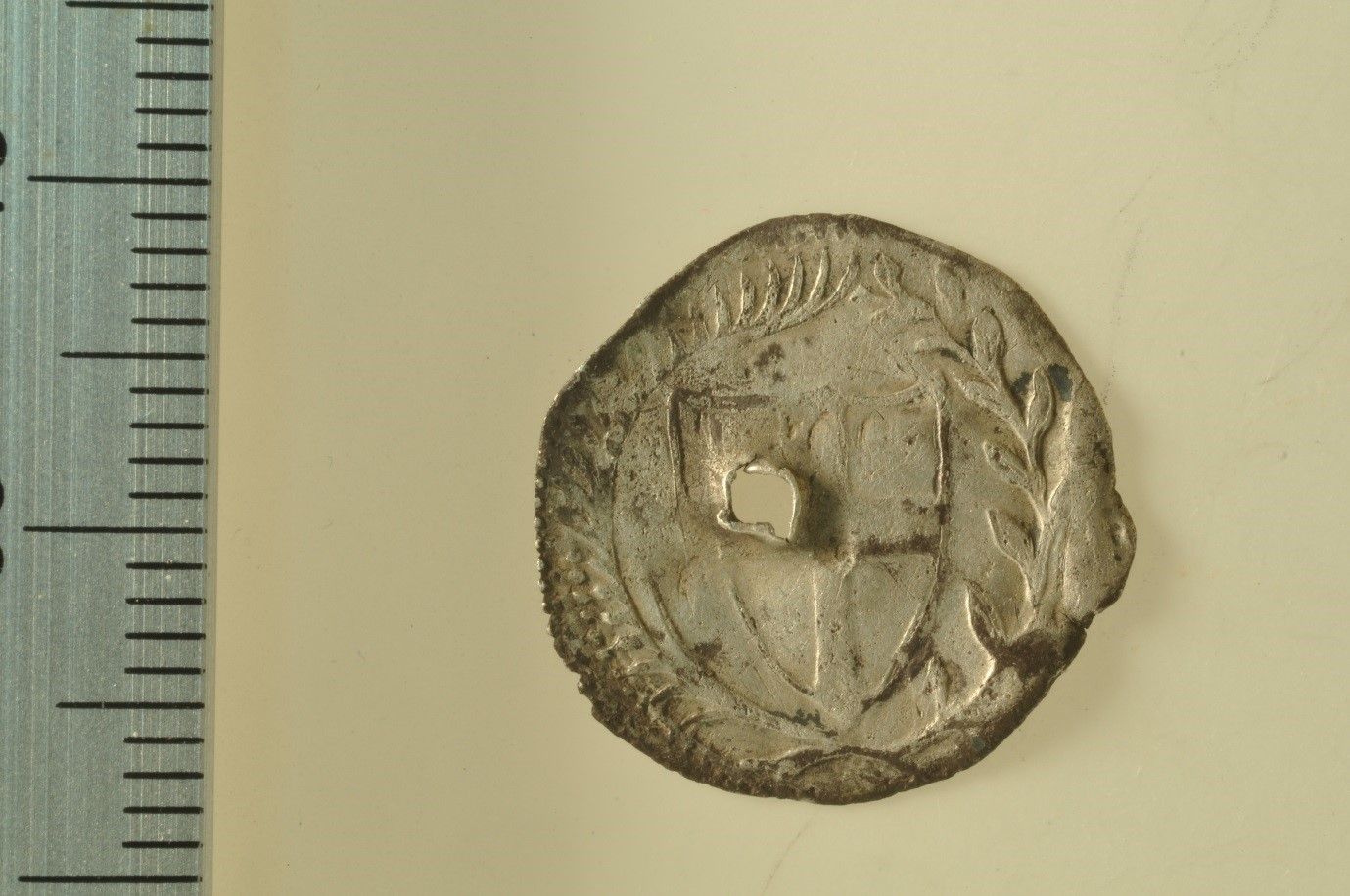 Commonwealth half groat found by Gwyn Rees near Wenvoe in 2015. The piercing may have been to take it out of circulation.