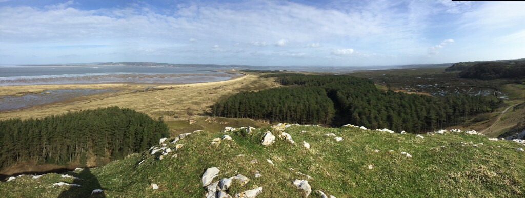 This is a picture fromon top of a hill. You can see the beach, the sea and a woodland area. 