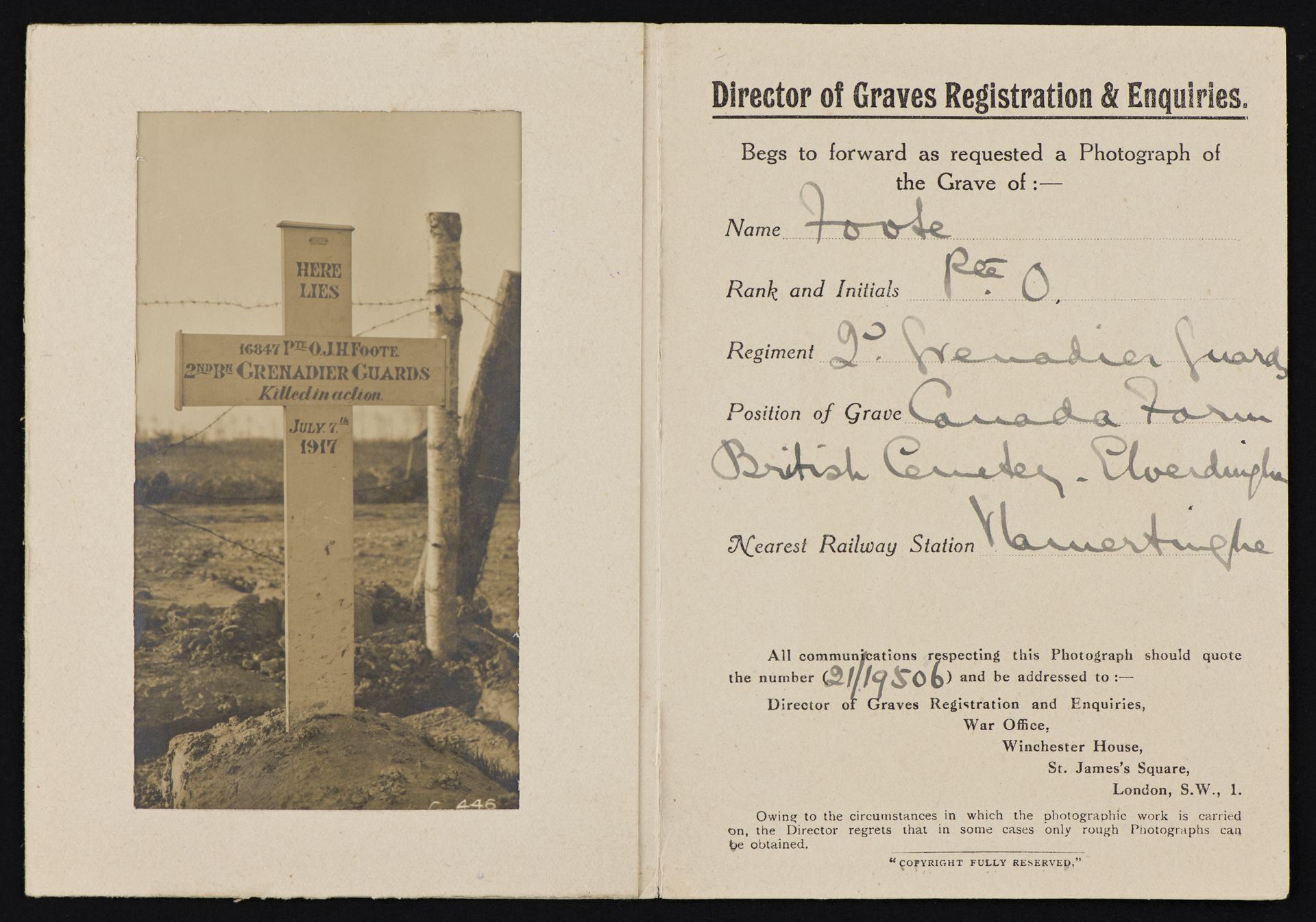 Photograph of Oscar Foote's grave at Canada Farm British Cemetery, Elverdinghe, Ypres