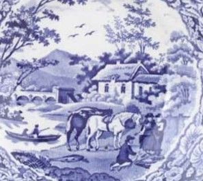 Detail of blue plate showing an illustration of Sarah Ponsonby and Eleanor Butler © Norena Shopland