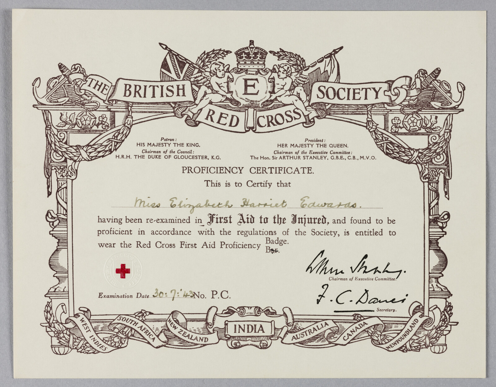 Hetty Edward's Red Cross Society certificate for 'First Aid to the Injured' [1943]