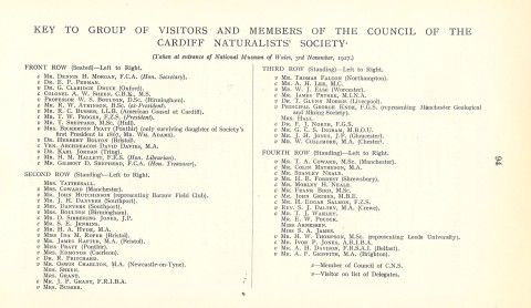 Cardiff Naturalists' Society visit National Museum Wales in 1927 as part of their Diamond Jubilee celebrations [guide to photo above] Both images from CNS Transactions volume 60 