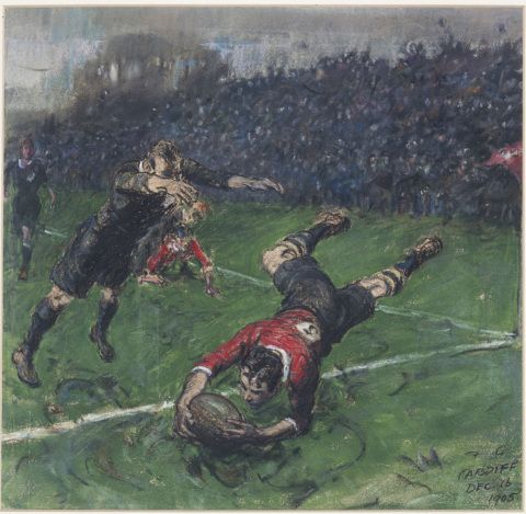 Image in chalk pastel on paper of Welsh rugby player scoring a try against the All Blacks