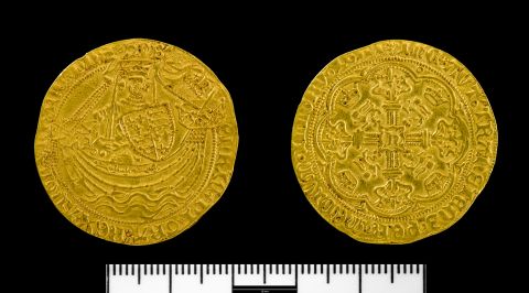 A picture of a detailed medieval gold coin, both sides shown with one side showing a detailed depiction of a ship