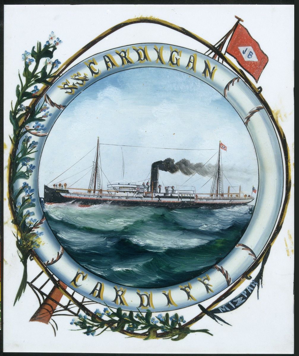 Painting of a ship at sea labelled SS Cardigan