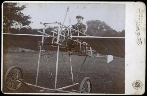Photograph from 1908 showing Horace Watkins in a very early, precarious-looking monoplane