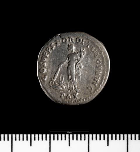 A Roman denarius featuring Pax, the Roman personification of peace