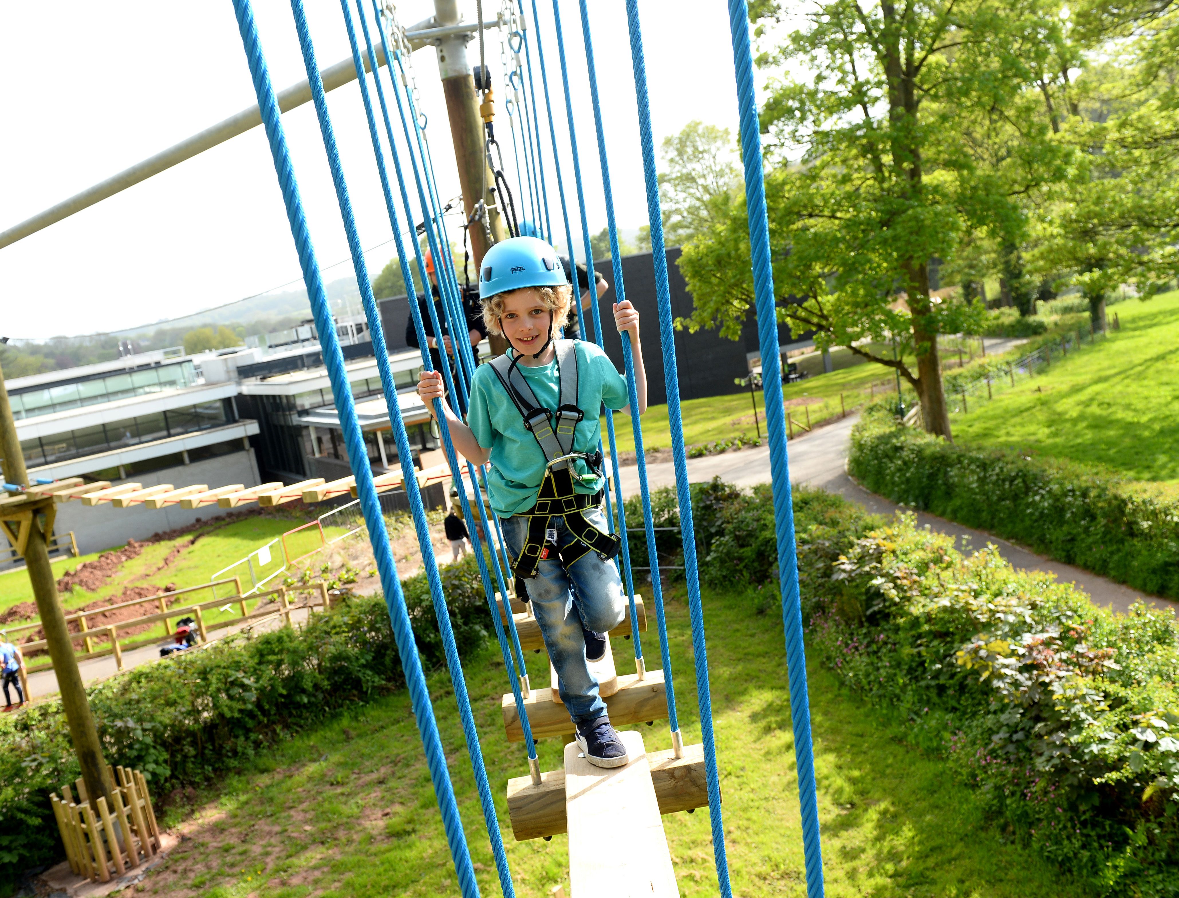 Boy on high ropes course at St Fagans 