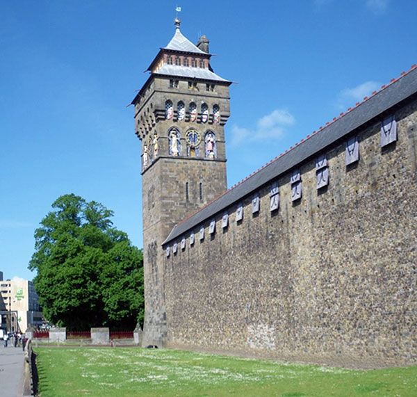 Reconstructed Norman castle wall between the South Gate and the Clock Tower