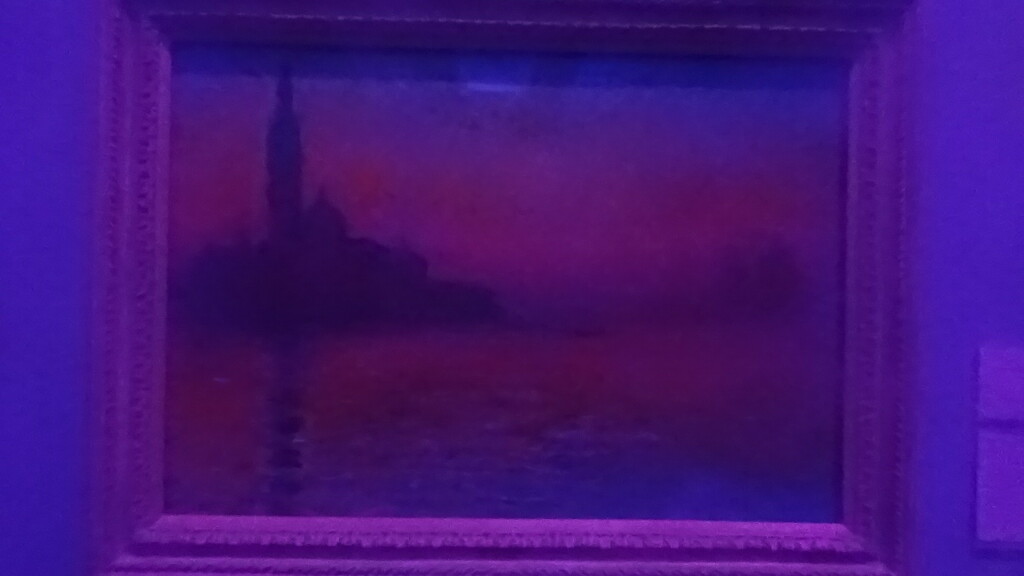 photograph of the Claude Monet painting San Giorgio Maggiore by Twilight viewed through a blue plastic filter