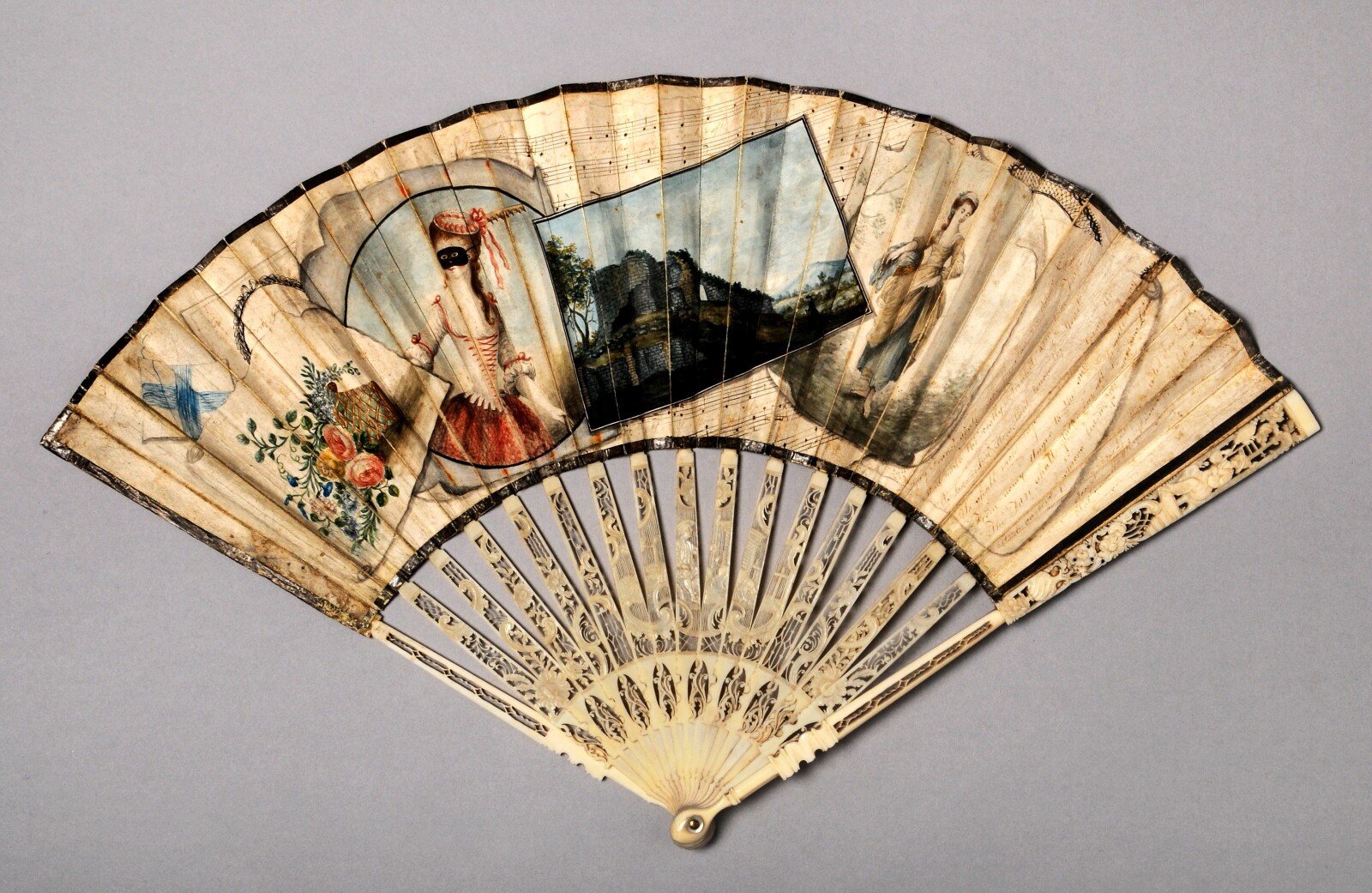 Fan with painted illustration of a masked woman.