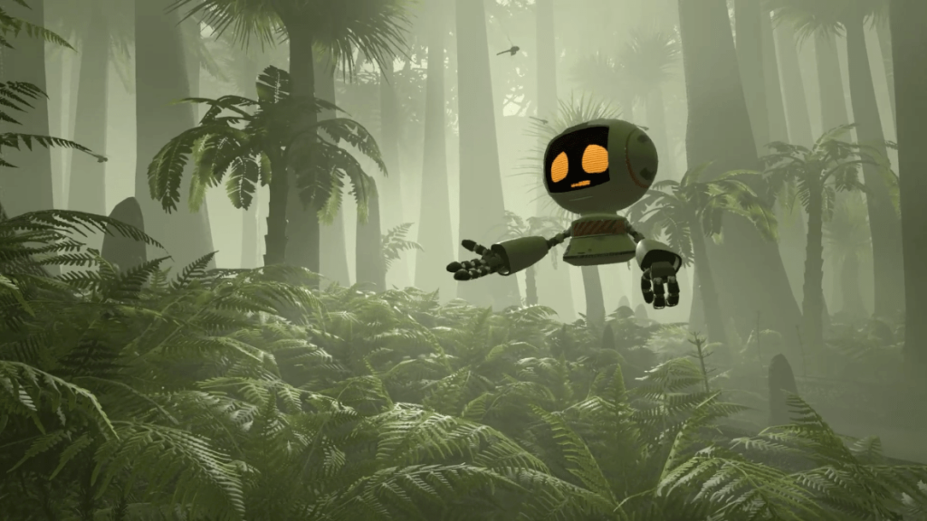 L.W.N.A. the android visits a pre-historic Wales. A screen grab from the VR experience showing a robot guiding you through an ancient forest full of ferns and trees 