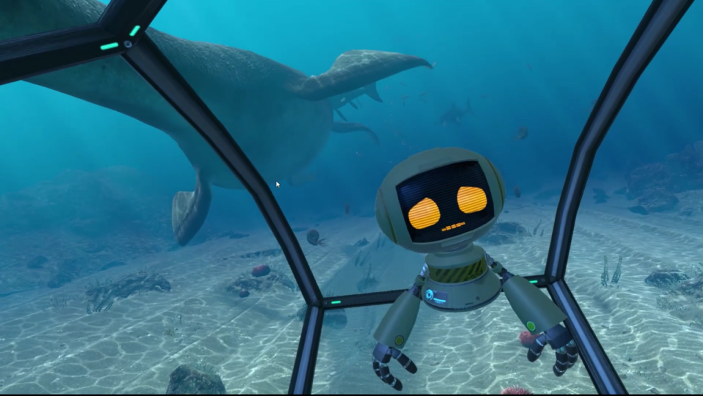 L.W.N.A. the android visits a pre-historic Wales. A screen grab from the VR experience with a robot guiding through an underwater scene full of sea creatures.