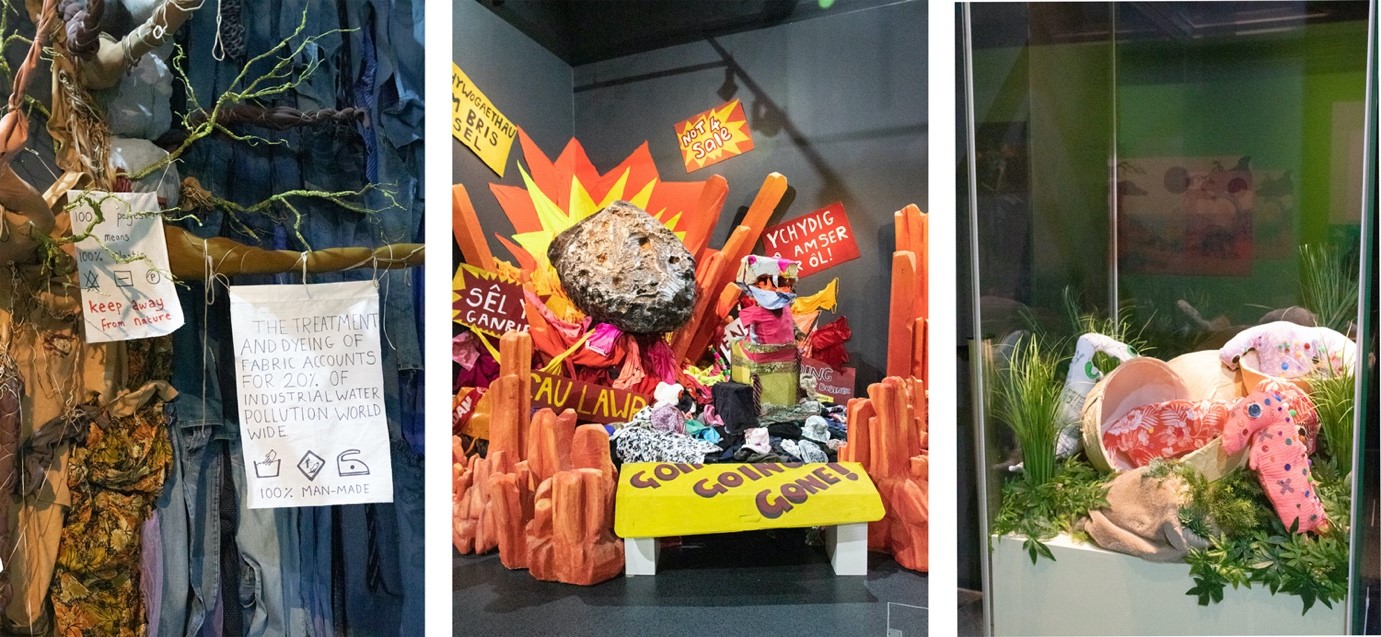 Three photographs fro the Dippy About Nature exhibition. All three are dioramas made from recycled clothing. On the left is a tree, in the middle a meteorite impact and on the right baby dinosaurs hatching from eggs.
