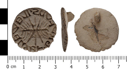 An example of a seal in the form of a flat disc. The 13th century seal of Llewelyn son of Gruffudd, found Abenbury, Wrexham (WREX-D0D606).