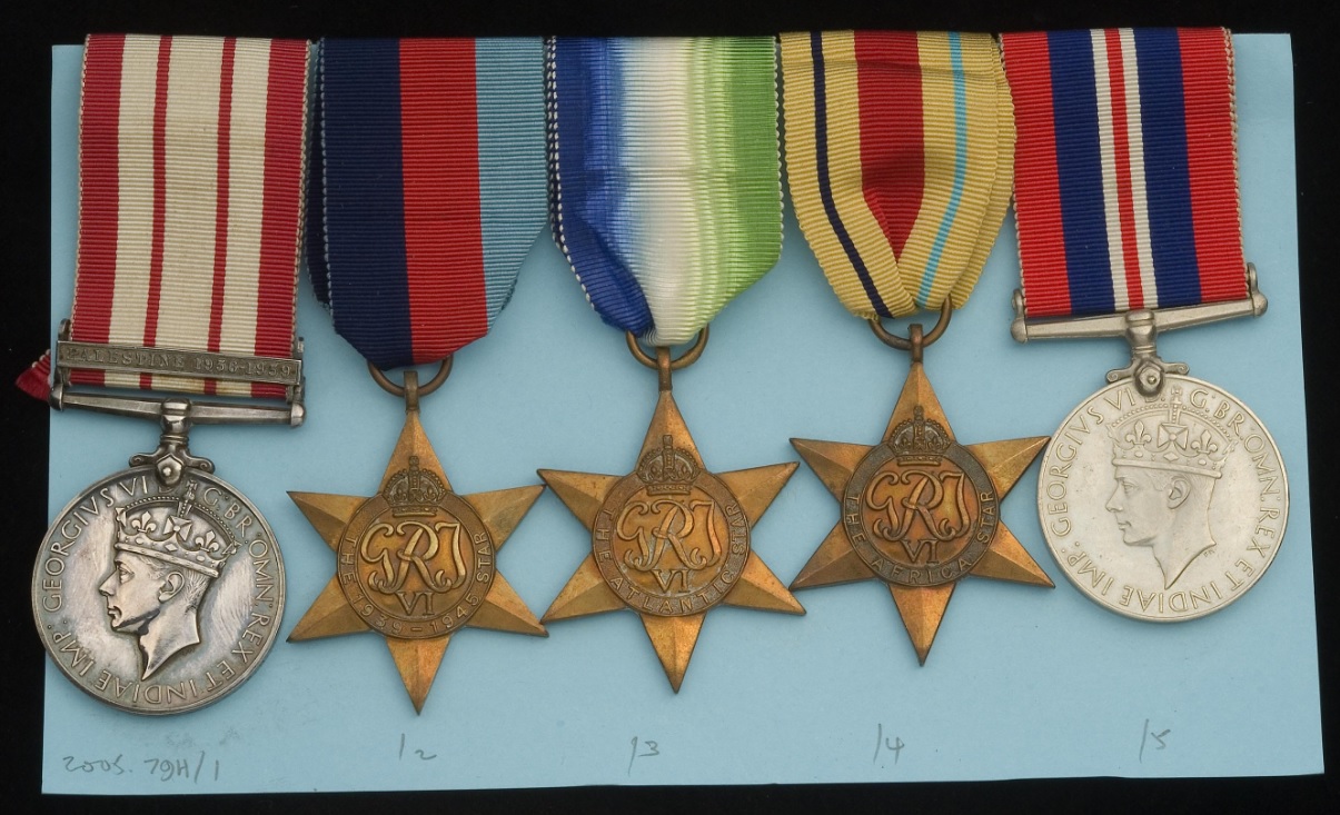 W.J. James’ medals (from left to right): The Naval General Service Medal with the Palestine 1936-1939 clasp, The 1939-1945 Star, The Atlantic Star, The Africa Star and The War Medal