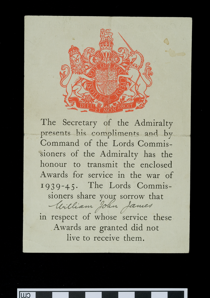 Condolence slip accompanying W.J. James’ medals.