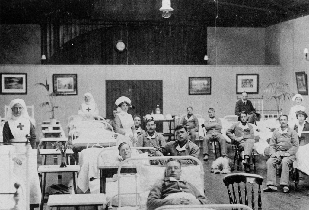 Convalescing soldiers in their 'hospital blues' in the St Fagans Red Cross VAD Hospital, established in the grounds of St Fagans Castle