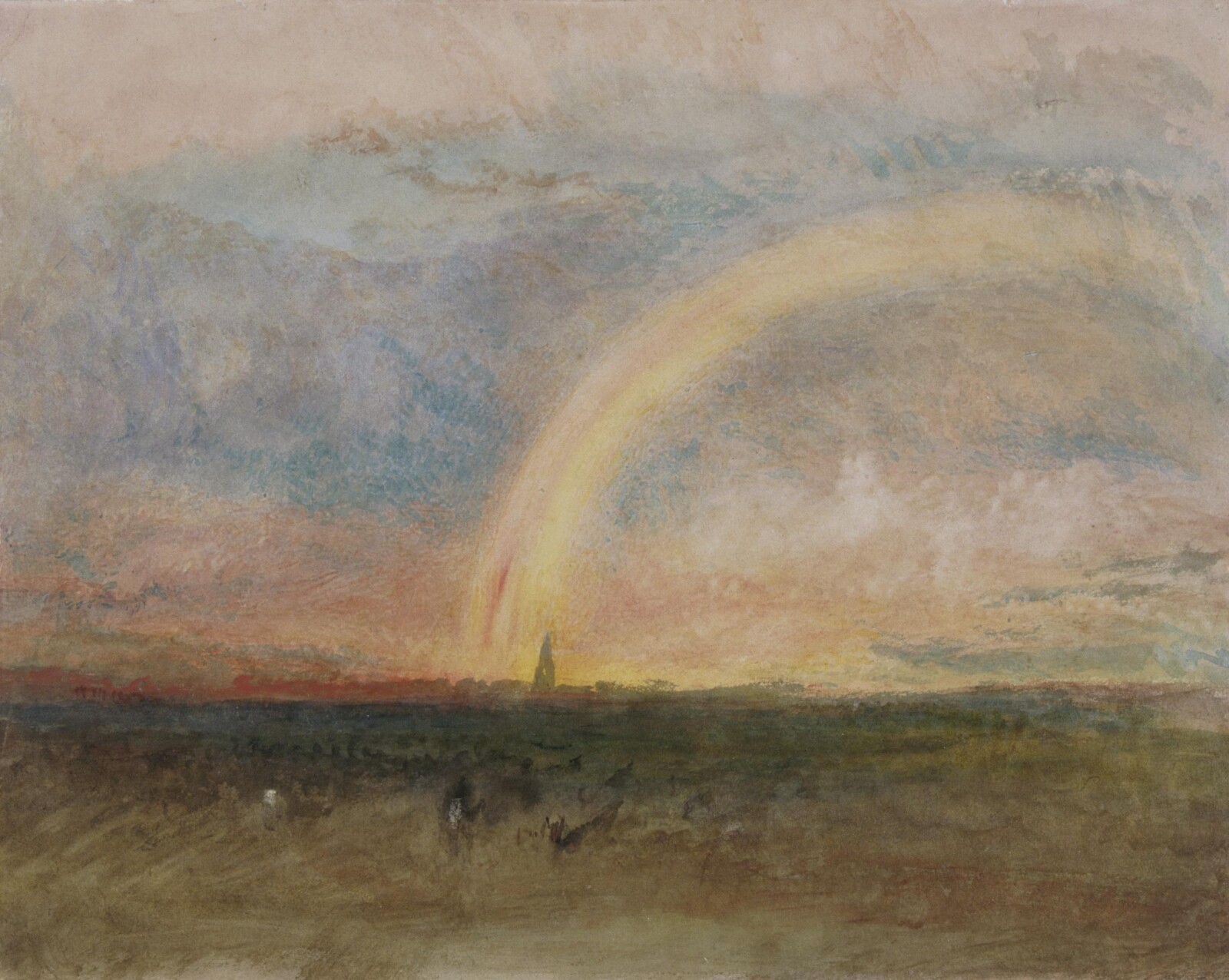 Watercolour painting showing a rainbow over a village with a high church spire