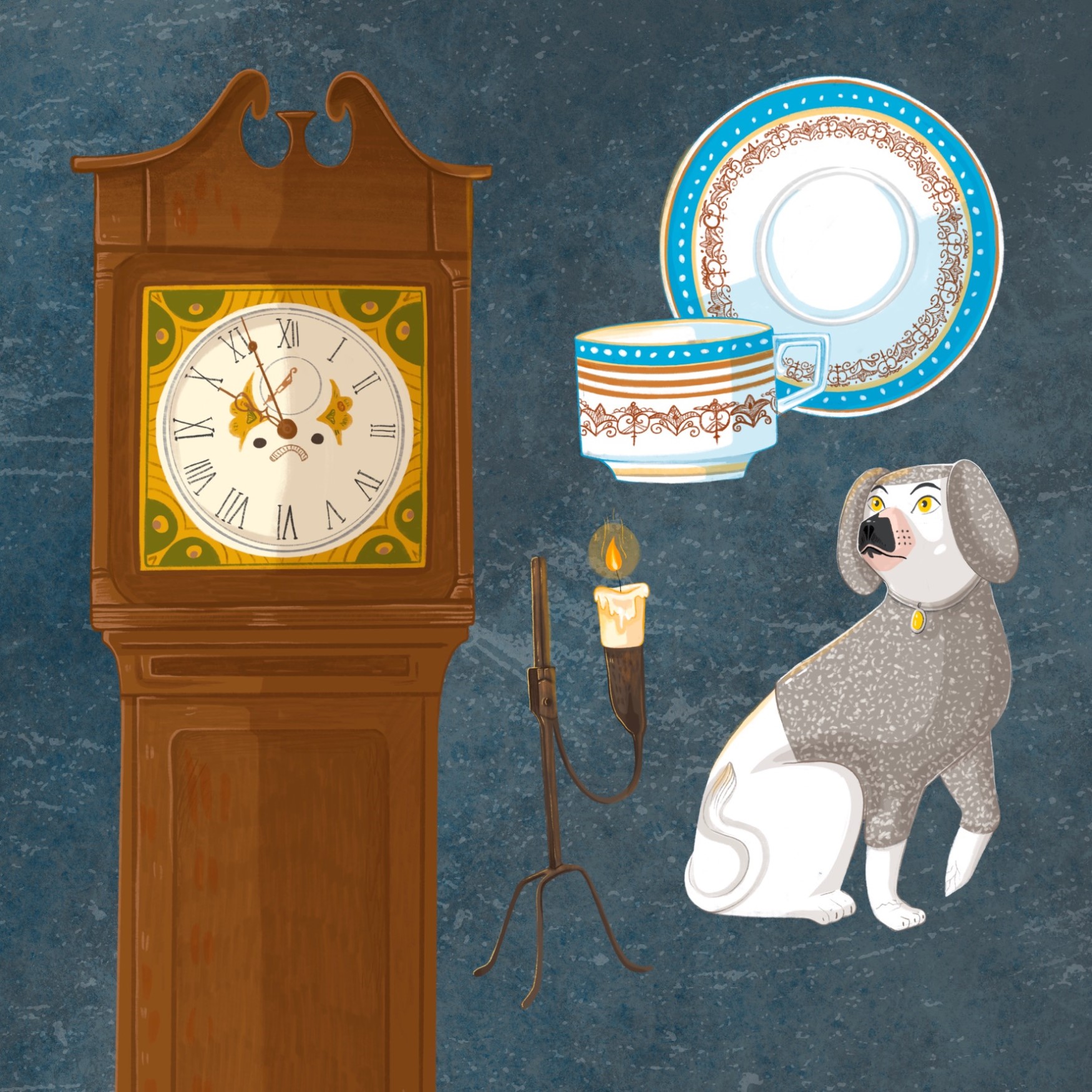 Image of clock, cup and saucer, candlestick and dog