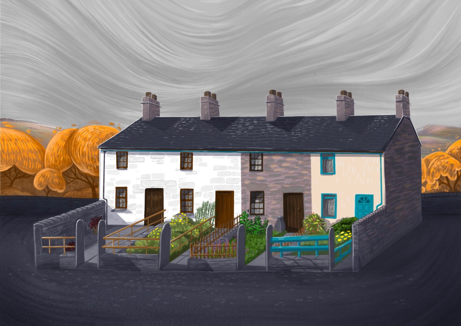 Painted picture of the Fron Haul row of houses
