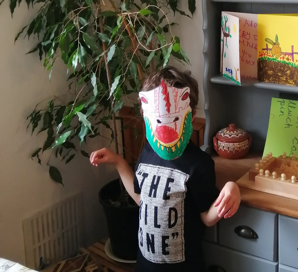 Photo of a boy wearing a dinosaur mask