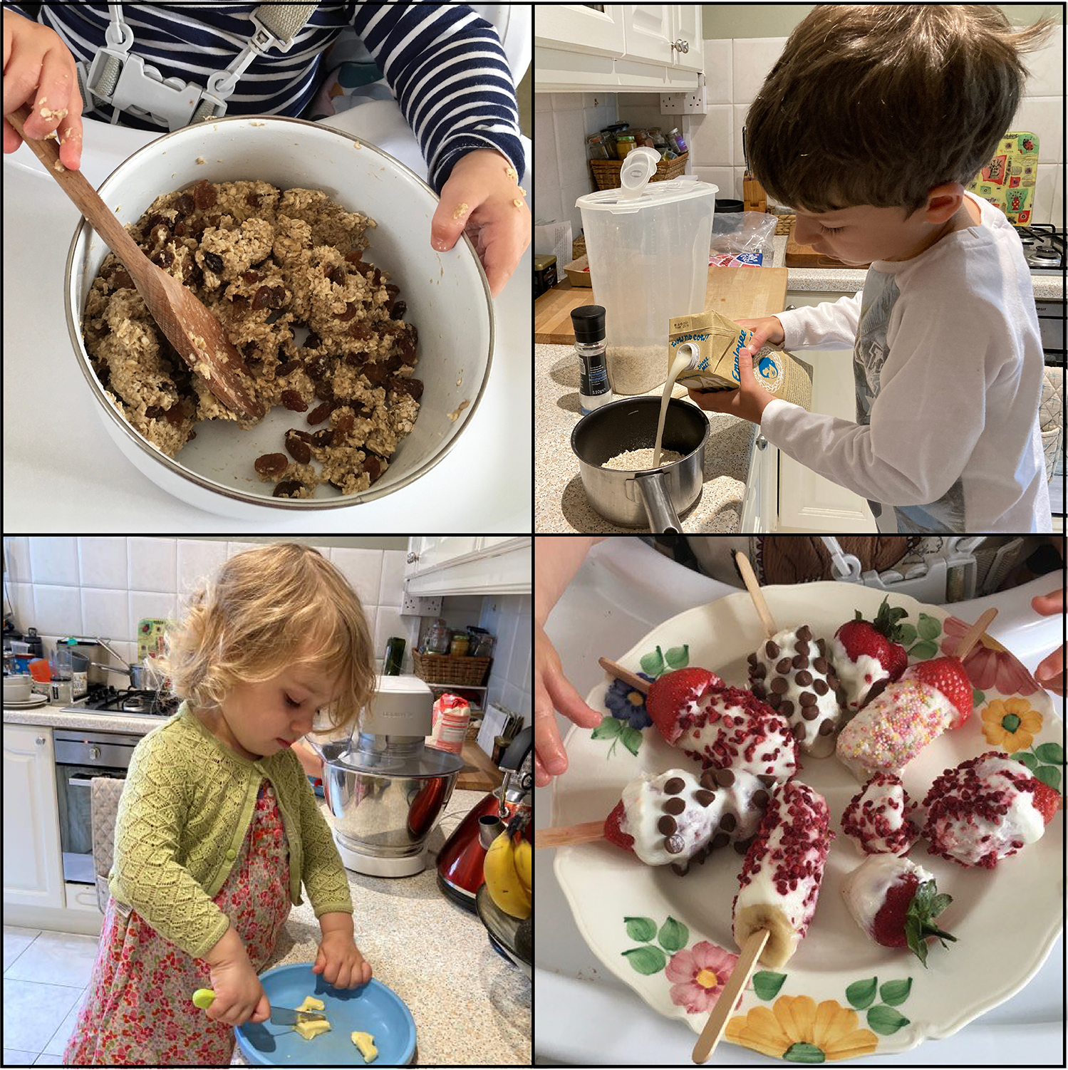 Four tiled images of children making food