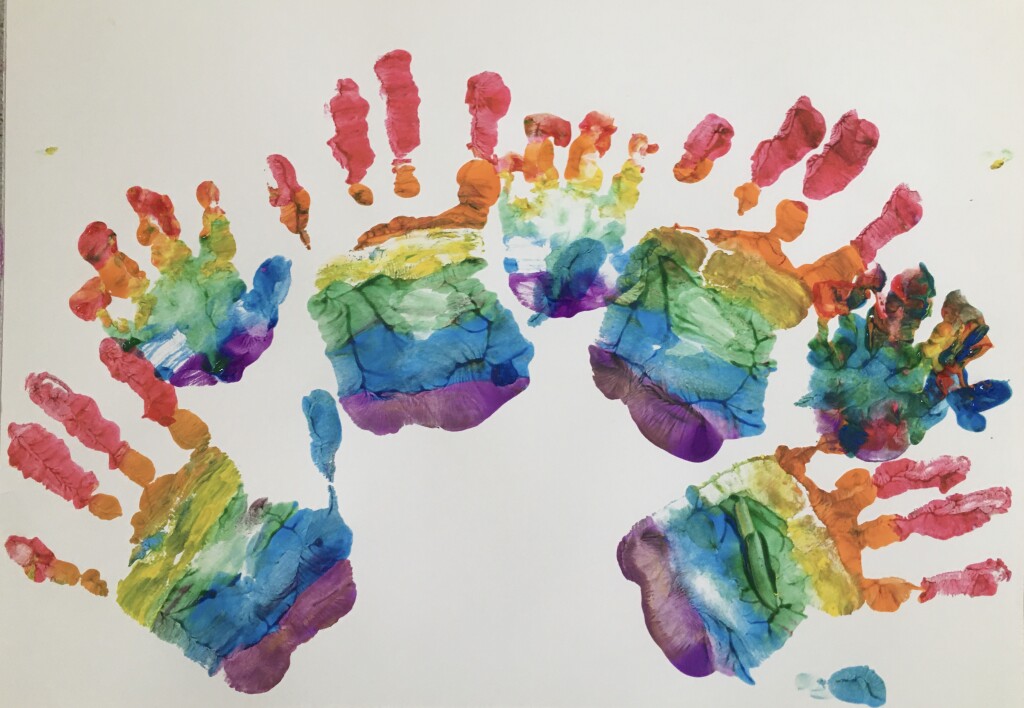 Photo of handprints in rainbow coloured paints