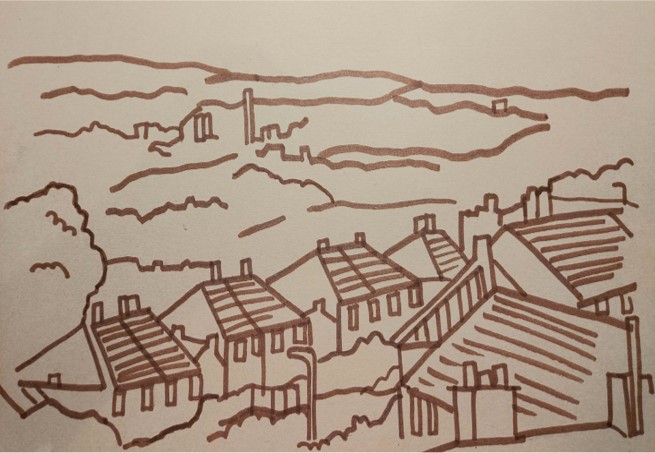 Outline drawing in brown ink showing houses in the foreground and trees in the background