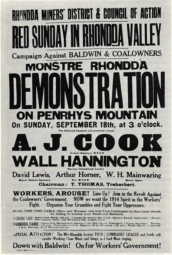 Poster advertising 'Red Sunday in Rhondda Valley' demontration