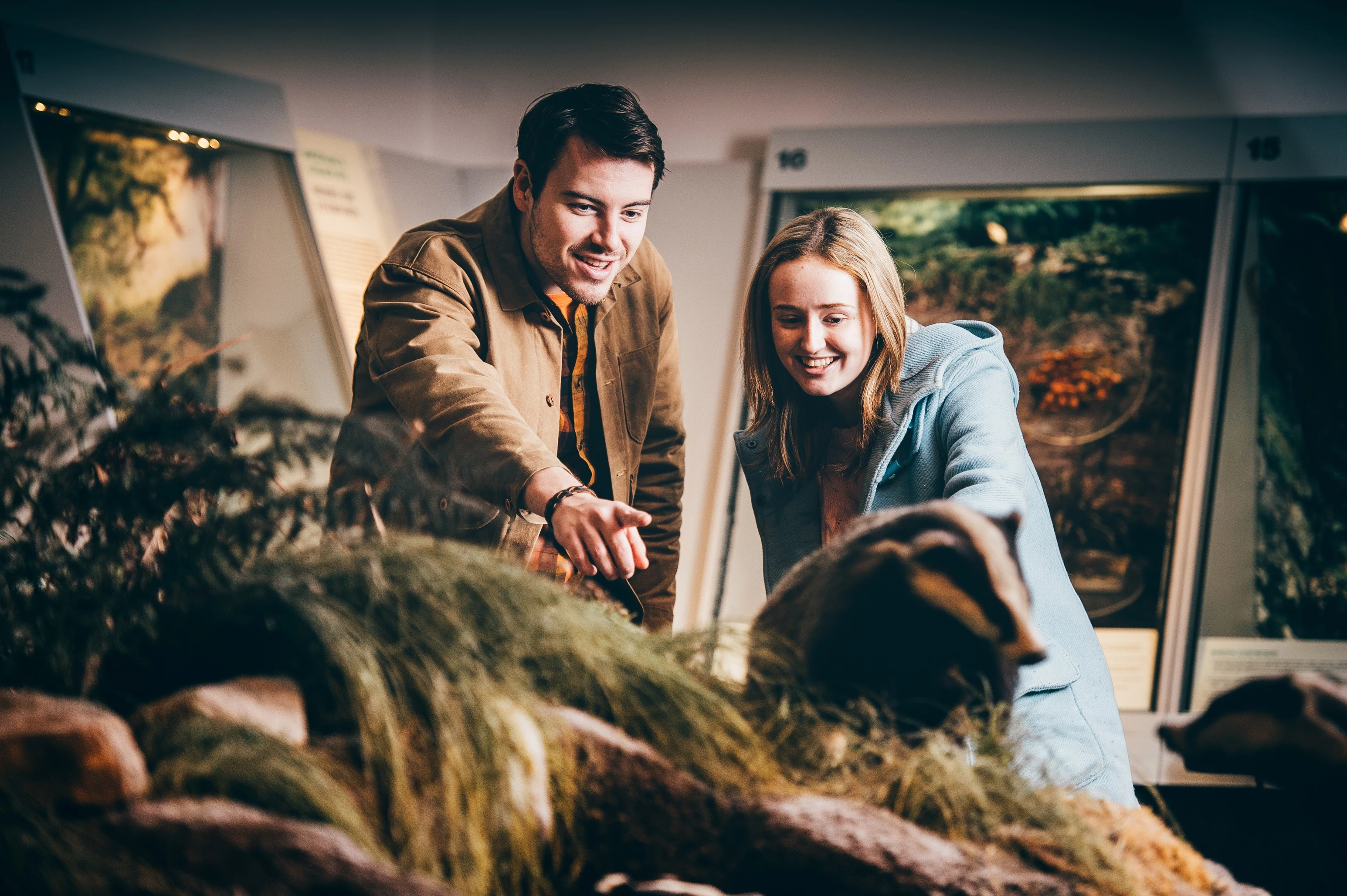 Two people look at a display of woodland creatures