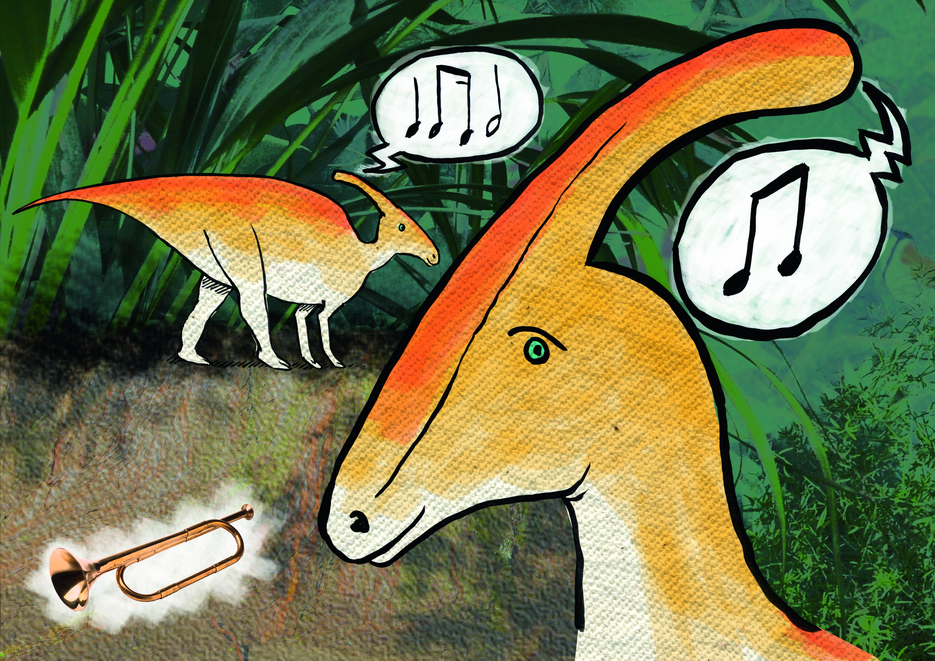 Illustration of two dinosaurs making music
