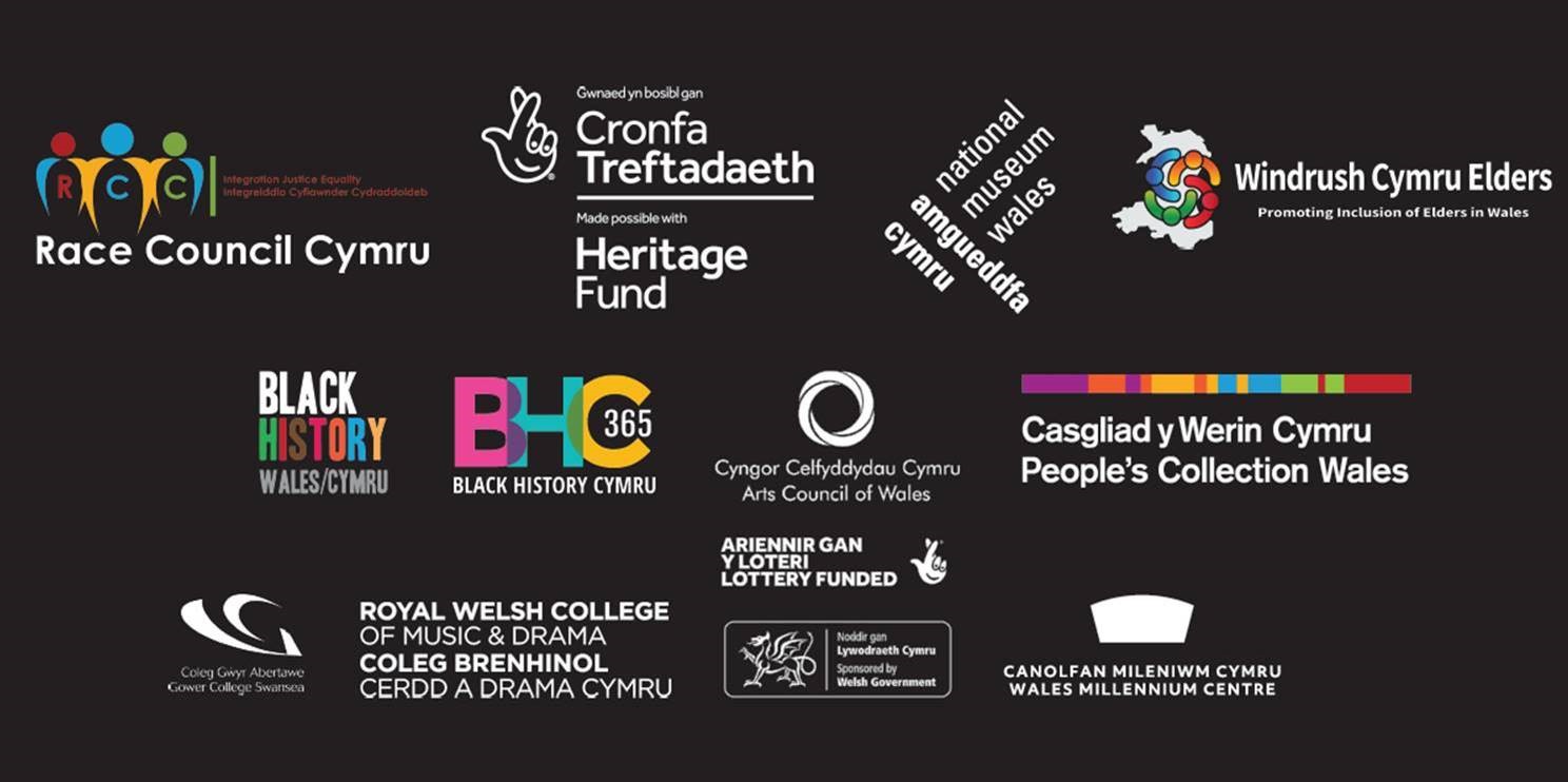 Compilation of logos for all involved in Windrush Cymru Exhibition
