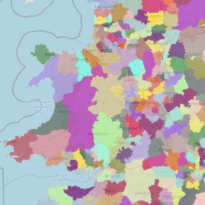Map of Wales and some of England split into local authority areas