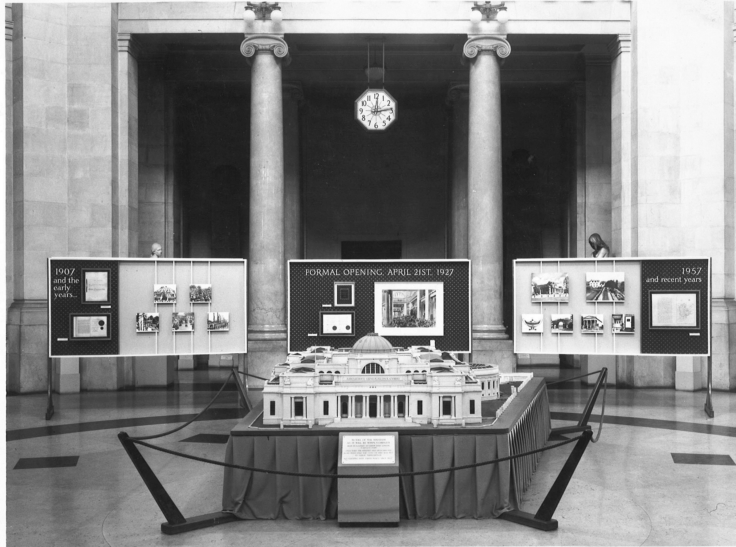  The original model of National Museum Wales building in Cathays Park displayed in the Main Hall to commemorate the Museum’s Jubilee anniversary in 1957