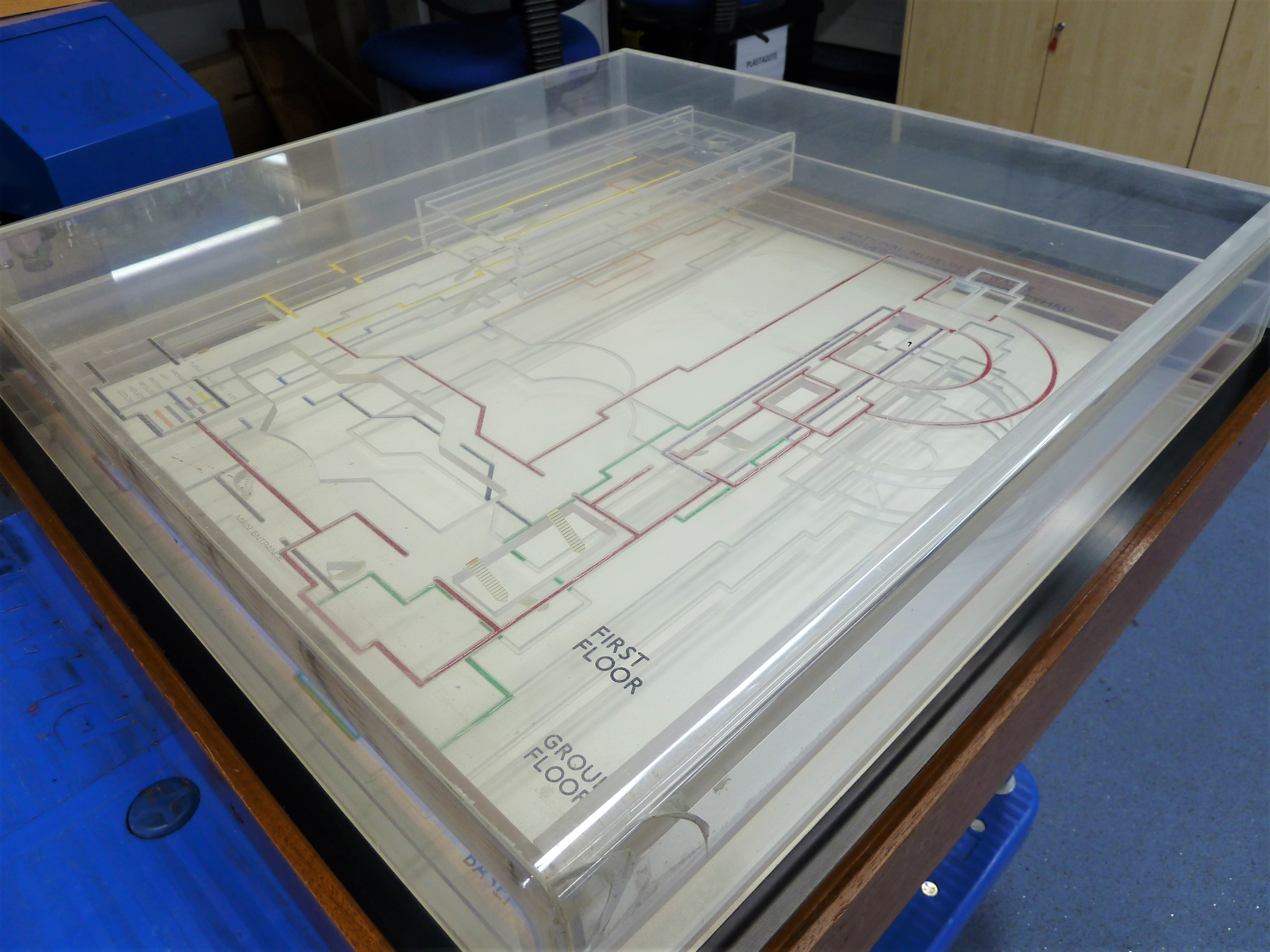 Perspex box model of National Museum Wales building in Cathays Park shown in process of conservation, designed by Christopher Shurrock [images courtesy of Jennifer Griffiths, Conservator]