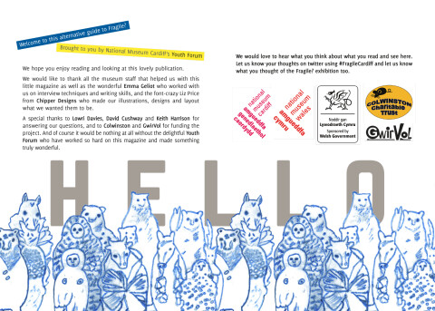 A double page spread from a youth-made museum guide - the word HELLO in big blue letters