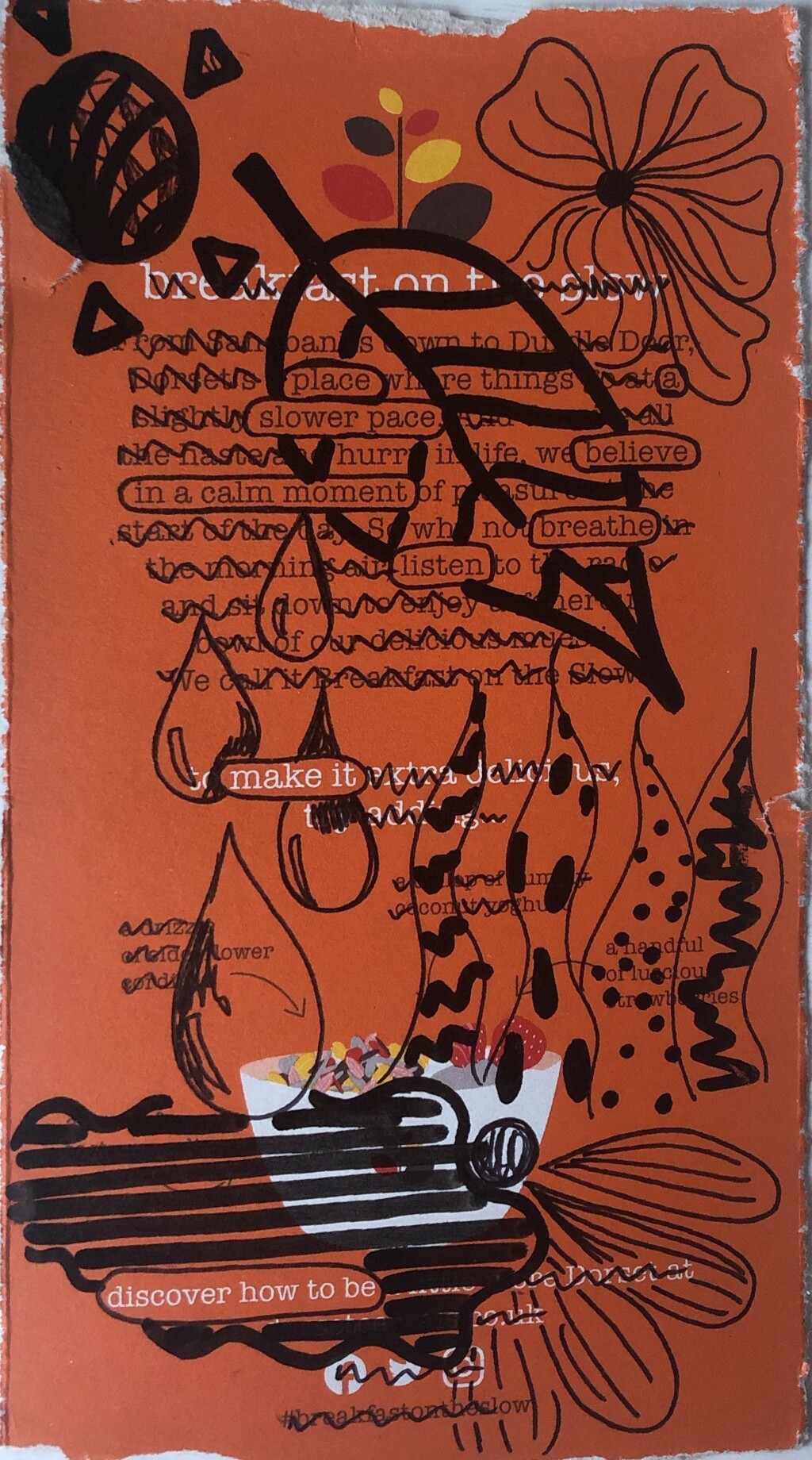 A photo of a piece of scratch out poetry created on a cereal box with black marker