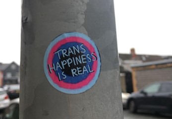 Photograph of a round sticker on a lamppost with the words 'Trans Happiness is real'.