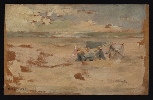 A view of a beach with figures sitting on the sand and cloudy sky