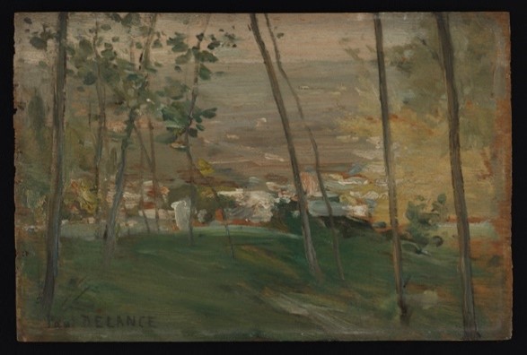 a painting of a green hill with brown trees and green leaves 