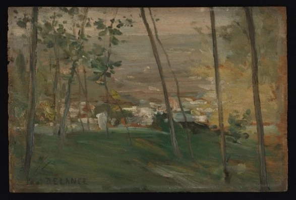a painting of a green hill with brown trees and green leaves 