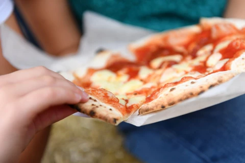 Close up of a person holding a pizza slice
