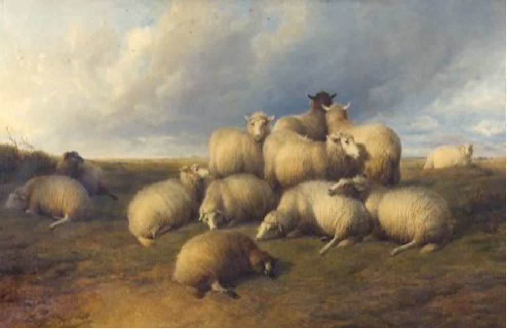 A Nineteenth Century painting of sheep in a field beneath a cloudy sky