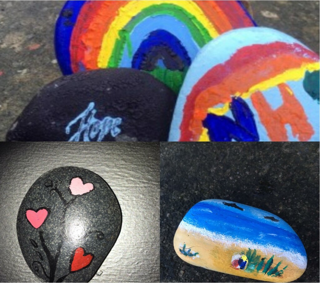 Photo of different painted kindness rocks, including one with a beach design and with a rainbow for the NHS