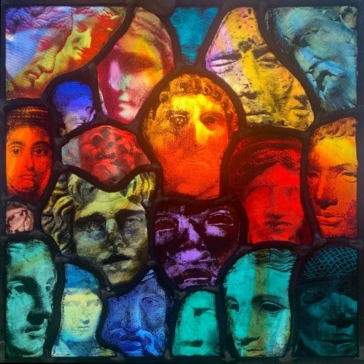 a stained glass image of faces