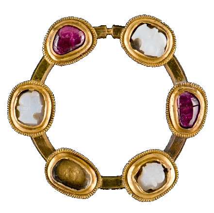 14th-century Welsh gold brooch, set with rubies and cameos