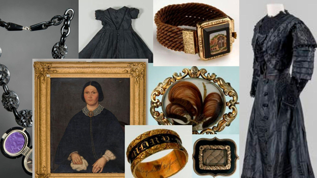 collage of mourning dresses and jewellery
